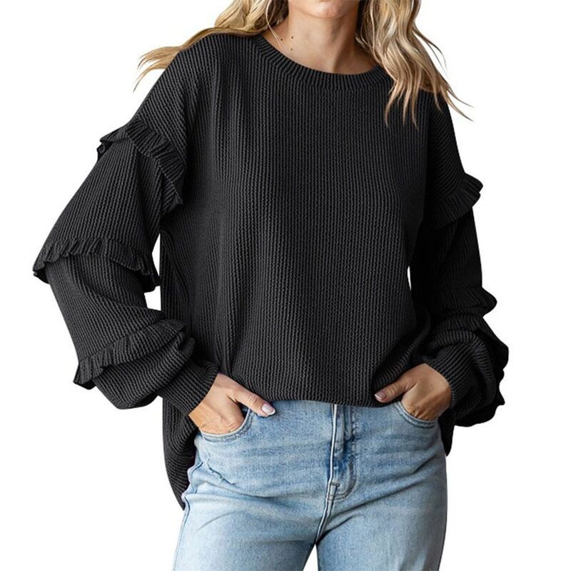 ジョイジョイ レディース アウター ニット・セーター クルーネック フリル パーカー JoyJoy Womens Lantern Sleeve Long Sleeve Hoodie Crew Neck