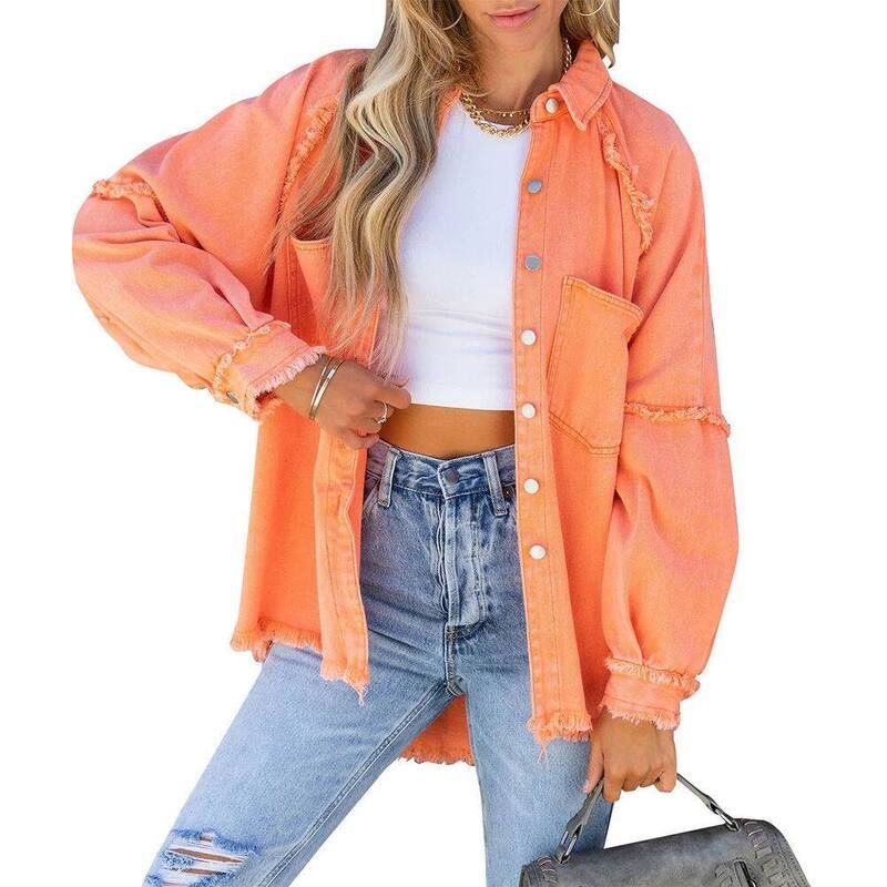 イエスファッション レディース アウター ジャケット・ブルゾン コート デニム Yesfashion Womens Oversizedenim Jacket Frayed Hem Button Fro