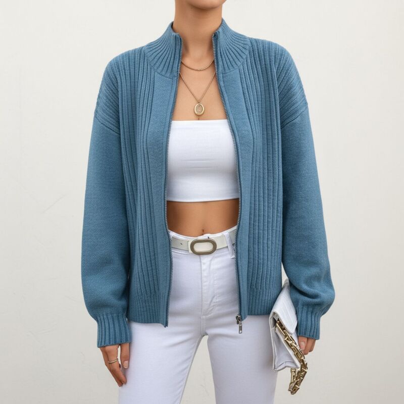 アンナカシ レディース アウター ニット・セーター リブ カーディガン AnnaKaci Womens Ribbed Knit ZipUp Cardigan withigh Collar and Lo