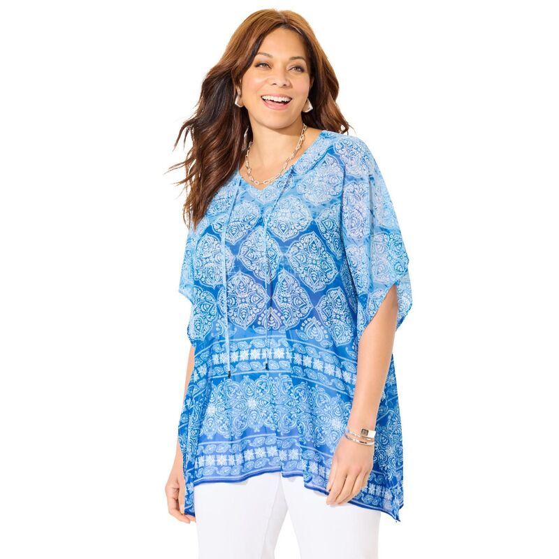 キャサリンズ レディース アウター ジャケット・ブルゾン ジョーゼット プラスサイズ Catherines Womens Plusize Georgette Peasant Poncho Blue M