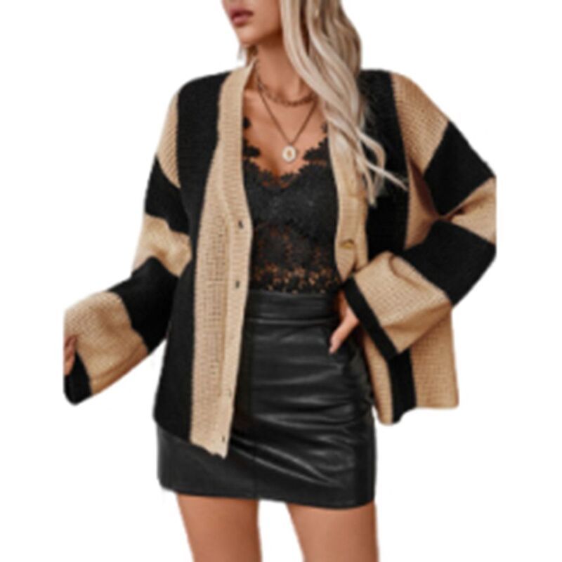 ジョイジョイ レディース アウター ニット・セーター カーディガン JoyJoy Womens Chicolor Block Striped Sweater Loose Button Front Ve
