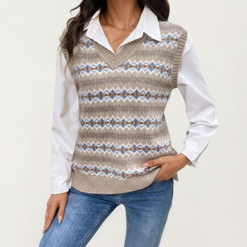 アンナカシ レディース アウター ニット・セーター Vネック ベスト ノースリーブ AnnaKaci Womensleeveless VNecknit Sweater Vest with Geomet