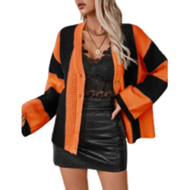 ジョイジョイ レディース アウター ニット・セーター カーディガン JoyJoy Womens Chicolor Block Striped Sweater Loose Button Front Ve