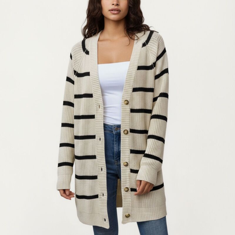 アンナカシ レディース アウター ニット・セーター リブ カーディガン AnnaKaci Womens Long Sleeve Striped Knit Cardigan with Button Fr