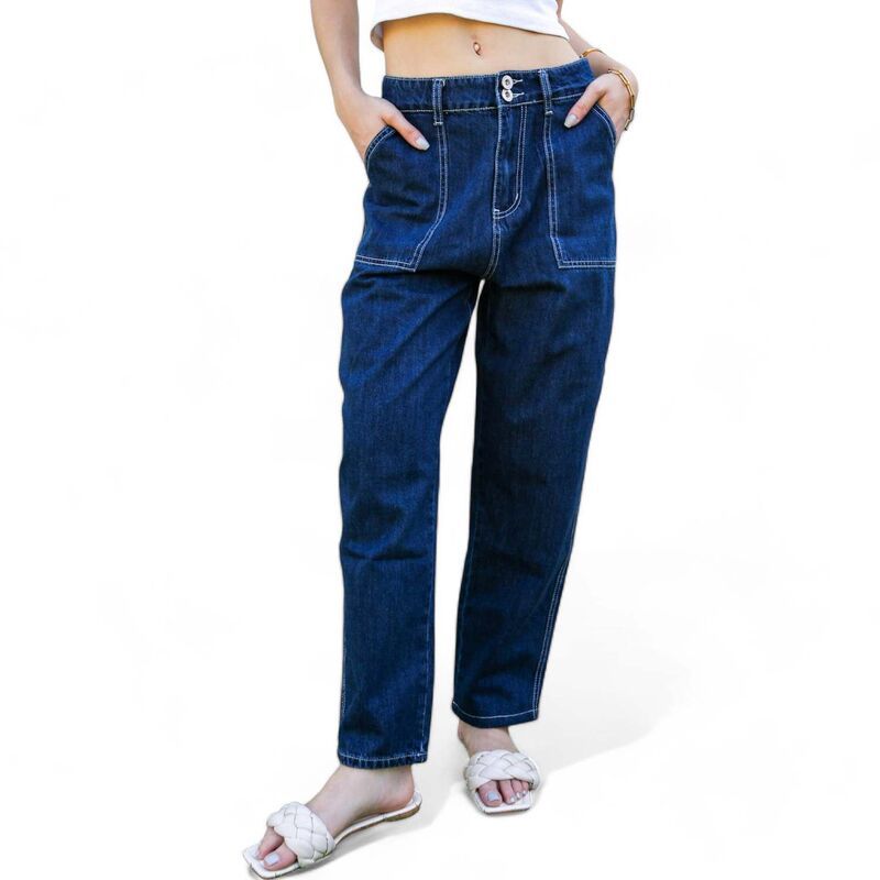 アンナカシ レディース ボトムス カジュアルパンツ デニム AnnaKaci Womens Loose Tapered Crop Denim Pants Dark Blue Denim デニム