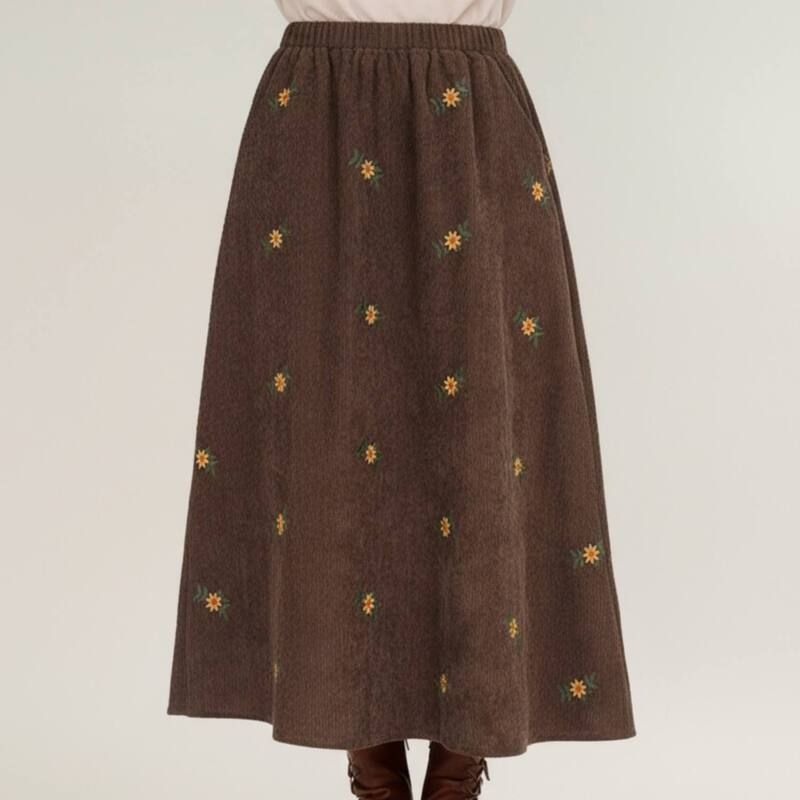 アンナカシ レディース ボトムスカート コーデュロイ フラワー柄 刺繍 マキシ フラワー AnnaKaci Womens Embroidered Corduroy Maxi Skirt with El