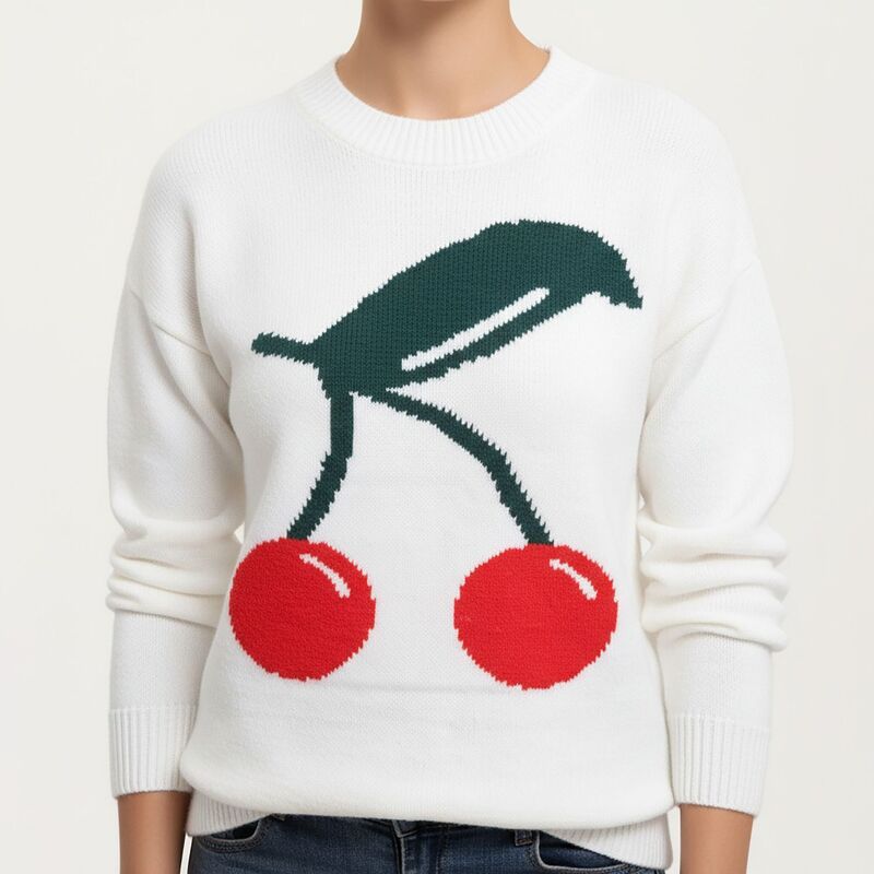 アンナカシ レディース アウター ニット・セーター リブ グラフィック AnnaKaci Womens Cherry Graphic Fuzzy Knit Sweater with Textured
