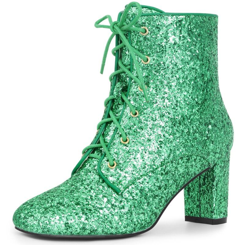 ブリスフルステップ レディース シューズ ブーツ・レインブーツ アンクル レース ヒール BLISSFUL STEP Lace Up Square Toe Sparkly Glitter Block