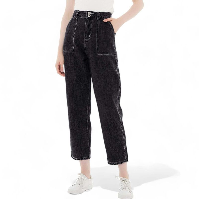 アンナカシ レディース ボトムス カジュアルパンツ デニム AnnaKaci Womens Loose Tapered Crop Denim Pants Black ブラック