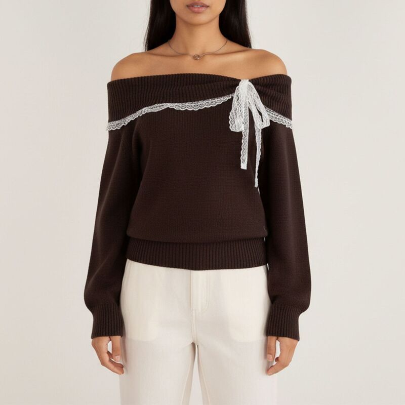アンナカシ レディース アウター ニット・セーター レーストリム レース AnnaKaci Womens Off Shoulder Knitop with Lace Trim and Long Sle