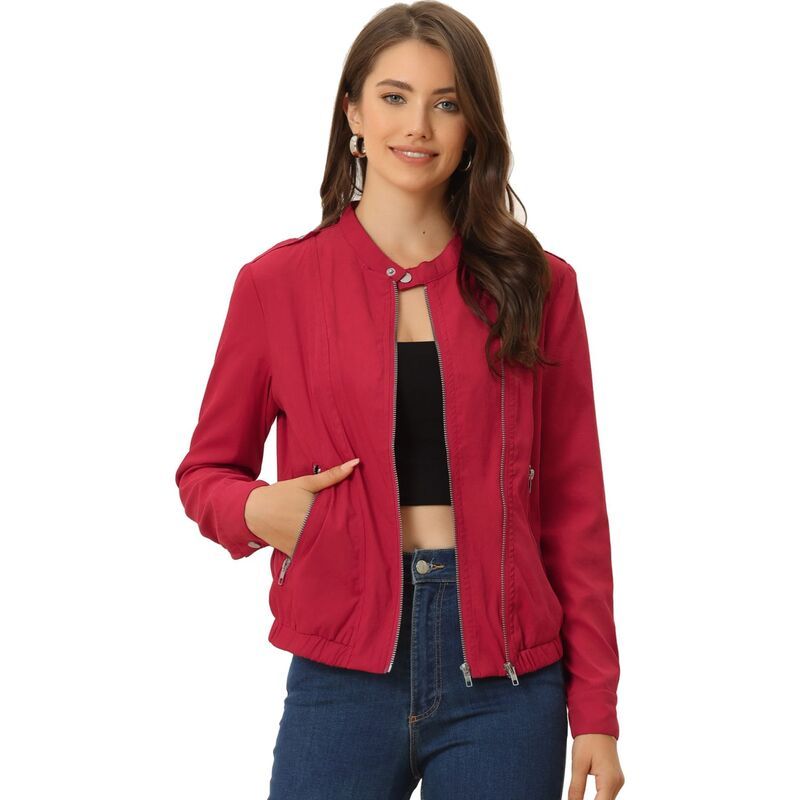 アレグラ ケー レディース アウター ジャケット・ブルゾン ALLEGRA K Womens Lightweight Stand Collar Zip up Biker Moto Jacket Red