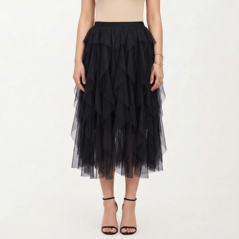 アンナカシ レディース ボトムスカート チュール フリル ミディ シアー AnnaKaci Womens Layered Tulle Midi Skirt with Cascading Ruffle