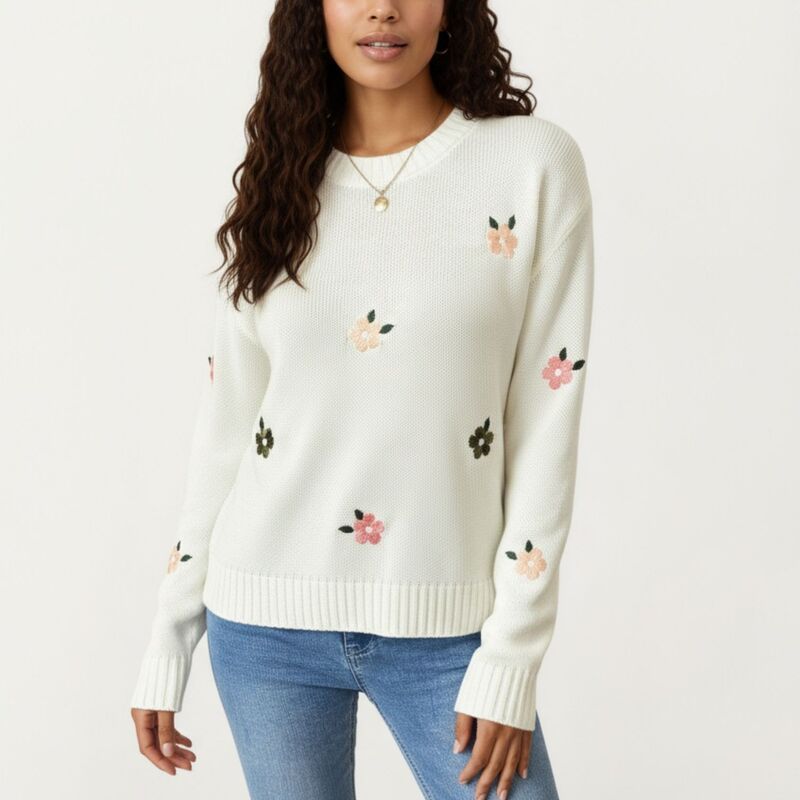 アンナカシ レディース アウター ニット・セーター フラワー柄 リブ 刺繍 フラワー AnnaKaci Womens Long Sleeve Knit Sweater with Embroidered