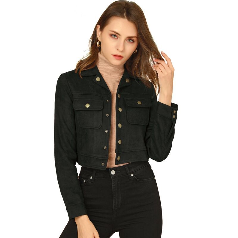 アレグラ ケー レディース アウター ジャケット・ブルゾン スエード ダウン クロップド ALLEGRA K Womens Turn Down Collar Faux Suede Cropped Mo