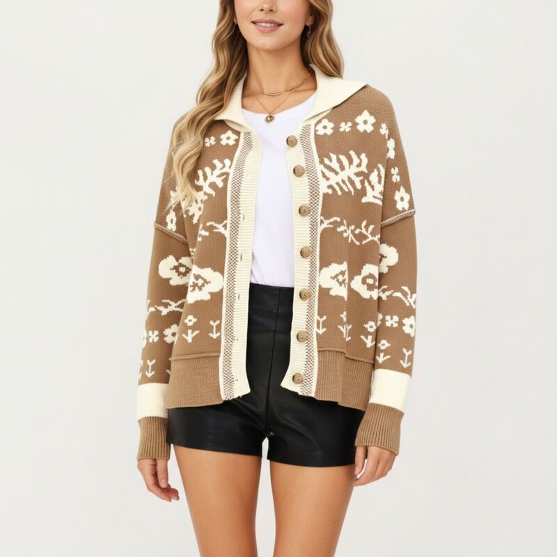 アンナカシ レディース アウター ニット・セーター フラワー柄 ドロップショルダー カーディガン フラワー AnnaKaci Women s Floral Jacquard Button Front