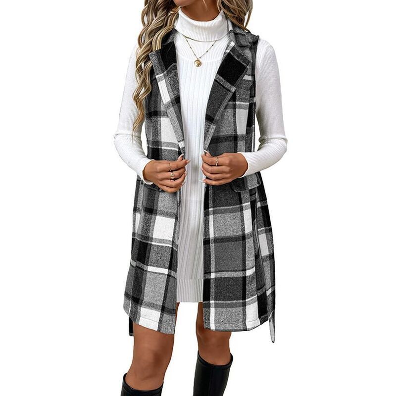 エリートスピリット レディース アウター ジャケット・ブルゾン ベスト ノースリーブレザー ジレ EliteSpirit Womens Plaid Longline Waistie Vest Slee