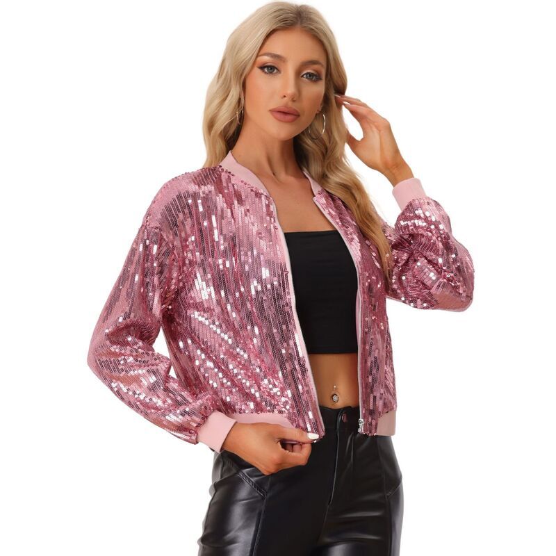 アレグラ ケー レディース アウター ジャケット・ブルゾン クロップド ALLEGRA K Womens Glitter Cropped Long Sleeve Zipper Bomber Jacke 12,935円