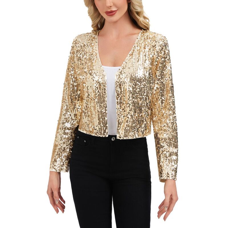 アンナカシ レディース アウター ジャケット・ブルゾン スパンコール カーディガン クロップド AnnaKaci Womensequin Open Front Cardigan with Long S