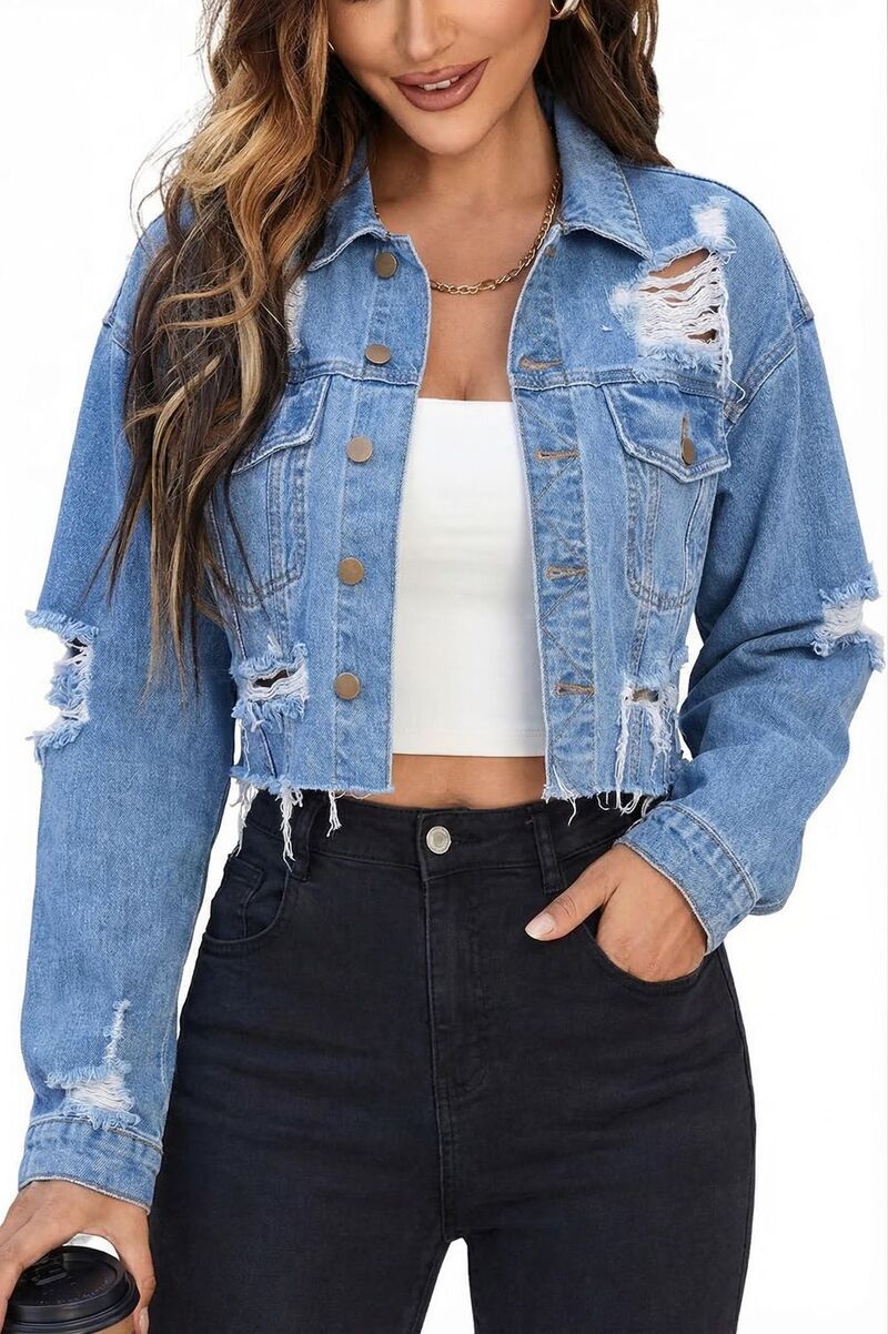 ファンジュライ レディース アウター ジャケット・ブルゾン コート デニム FUNJULY Womens Distressedenim Short Jacket Fashion Lapel Coat