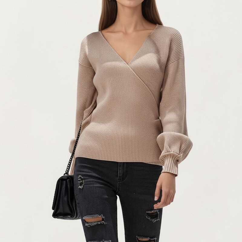 アンナカシ レディース アウター ニット・セーター リブ AnnaKaci Women s Ribbed Knit Wrap Frontop with Softextured Fabric and L