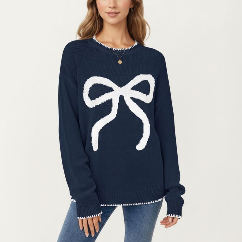 アンナカシ レディース アウター ニット・セーター リブ AnnaKaci Womens Long Sleeve Knit Sweater with Textured Bow Front Detail