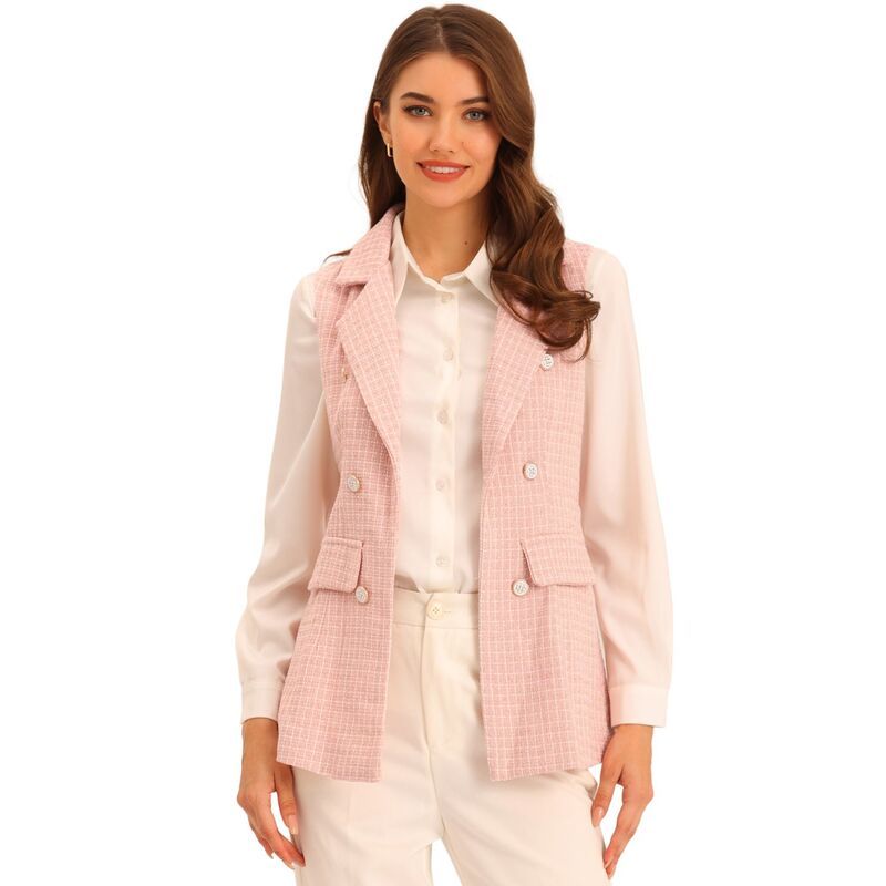 アレグラ ケー レディース アウター ジャケット・ブルゾン ベスト ツイード ノースリーブレザー ALLEGRA K Womens Plaid Tweed Lapel Open Front Sleev