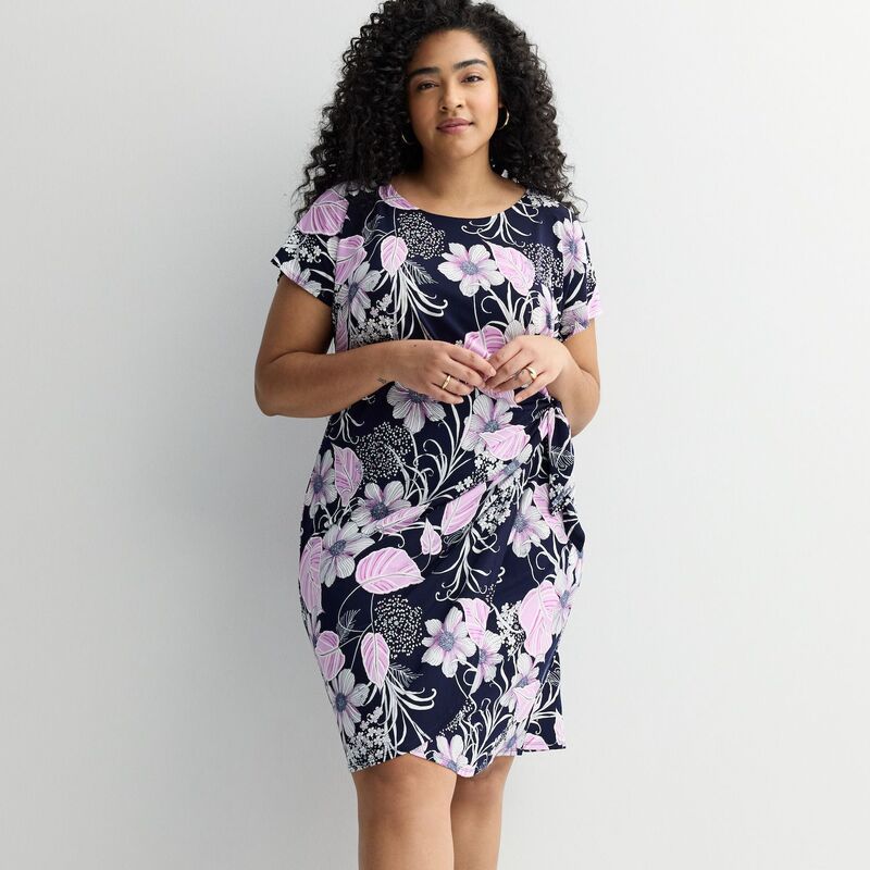 ロビー・ビー レディース トップス ワンピース フラワー柄 プラスサイズ フラワー Plusize Robbie Bee Floral Short Sleeve Dress Navy Orchid ネ