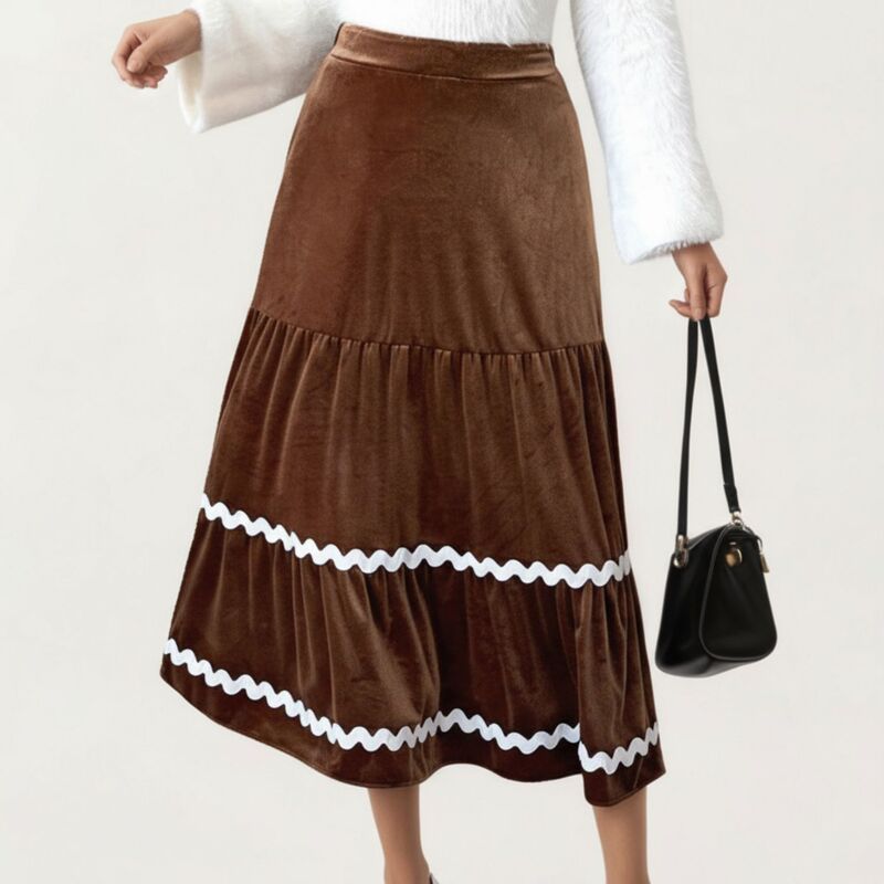 アンナカシ レディース ボトムスカート ティアード ミディ ベルベット コントラスト AnnaKaci Womens Tiered Velvet Midi Skirt with Contrast Wa