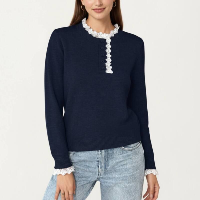 アンナカシ レディース アウター ニット・セーター レーストリム レース AnnaKaci Womens Long Sleeve Knitop with Lace Trim Collar and Bu