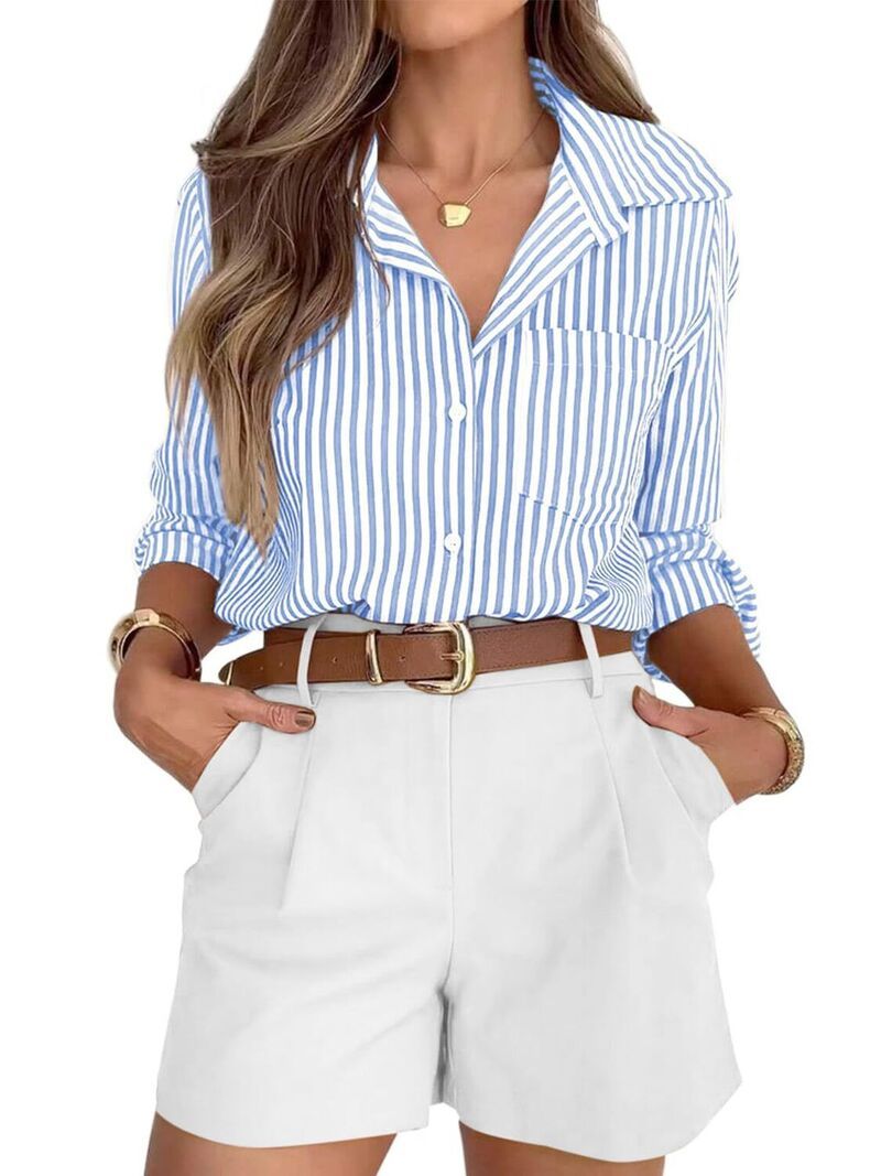 クリアラブ レディース トップス シャツ ボタンダウン Clearlove Womens Long Sleeve Striped Button Down Shirt Casual Collared O