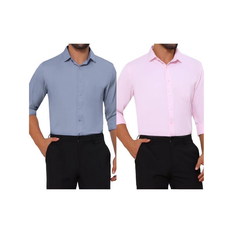 インスパイア シック レディース トップス Tシャツ INSPIRE CHIC 2 Packs Mens Point Collar Button Long Sleeve Solid Color Bus
