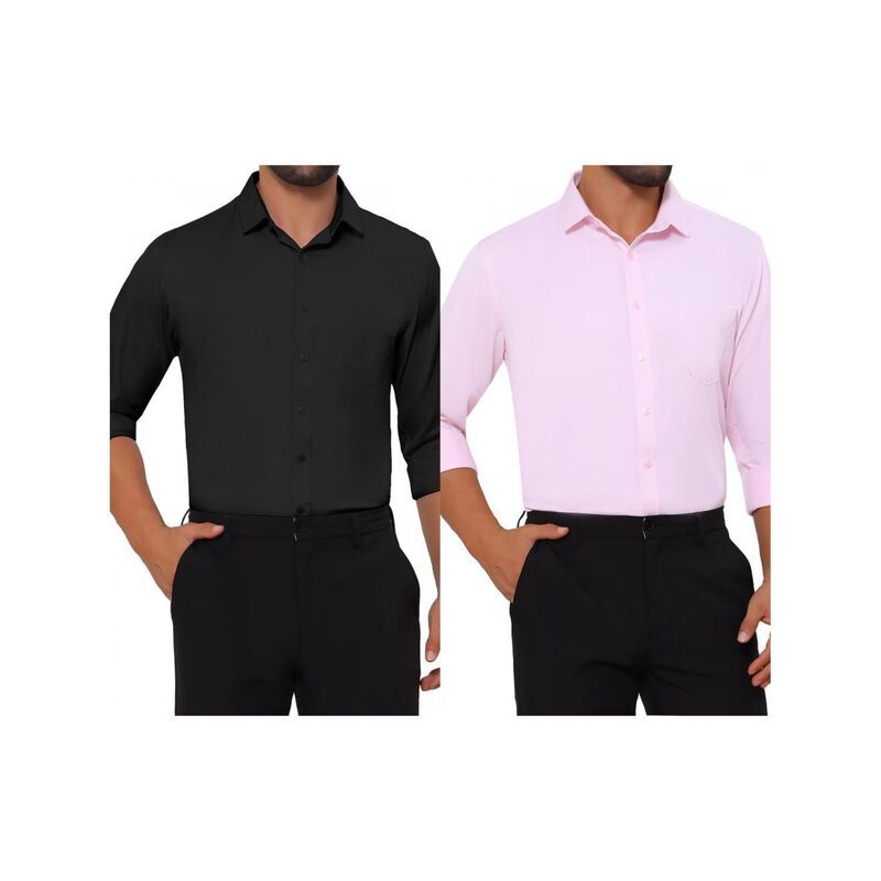 インスパイア シック レディース トップス Tシャツ INSPIRE CHIC 2 Packs Mens Point Collar Button Long Sleeve Solid Color Bus