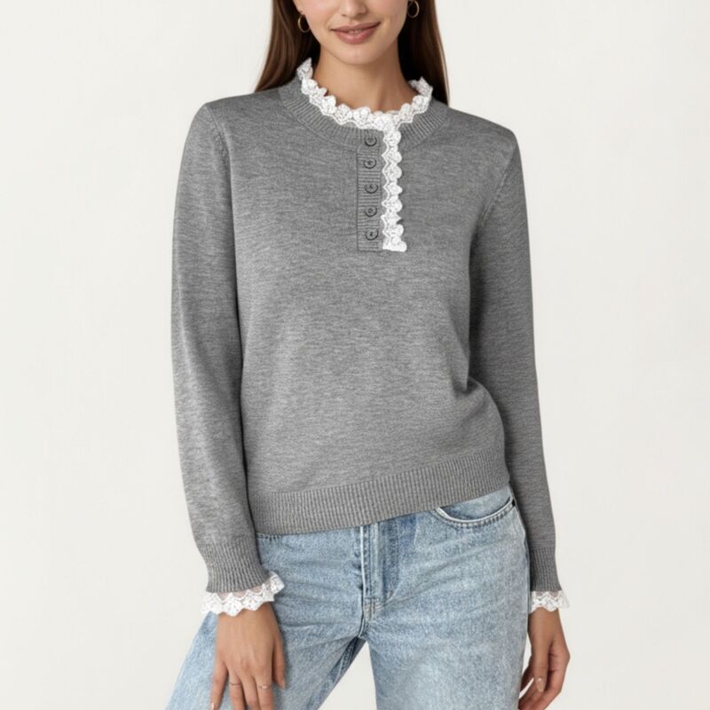 アンナカシ レディース アウター ニット・セーター レーストリム レース AnnaKaci Womens Long Sleeve Knitop with Lace Trim Collar and Bu