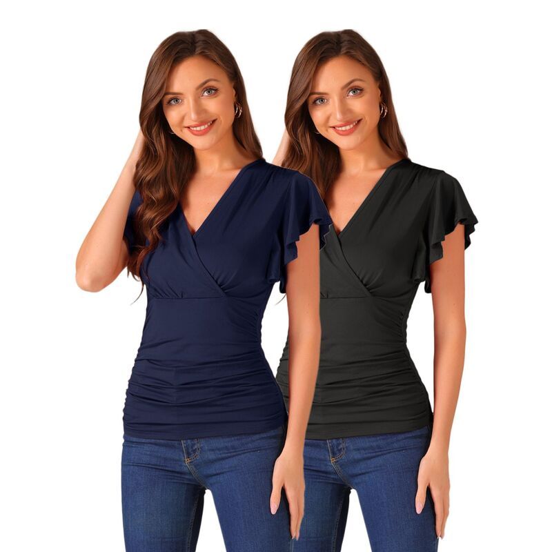 インスパイア シック レディース トップス シャツ Vネック フリル ブラウス INSPIRE CHIC 2 Packs Faux Wrap Blouse for Women Summer VNeck 13,665円