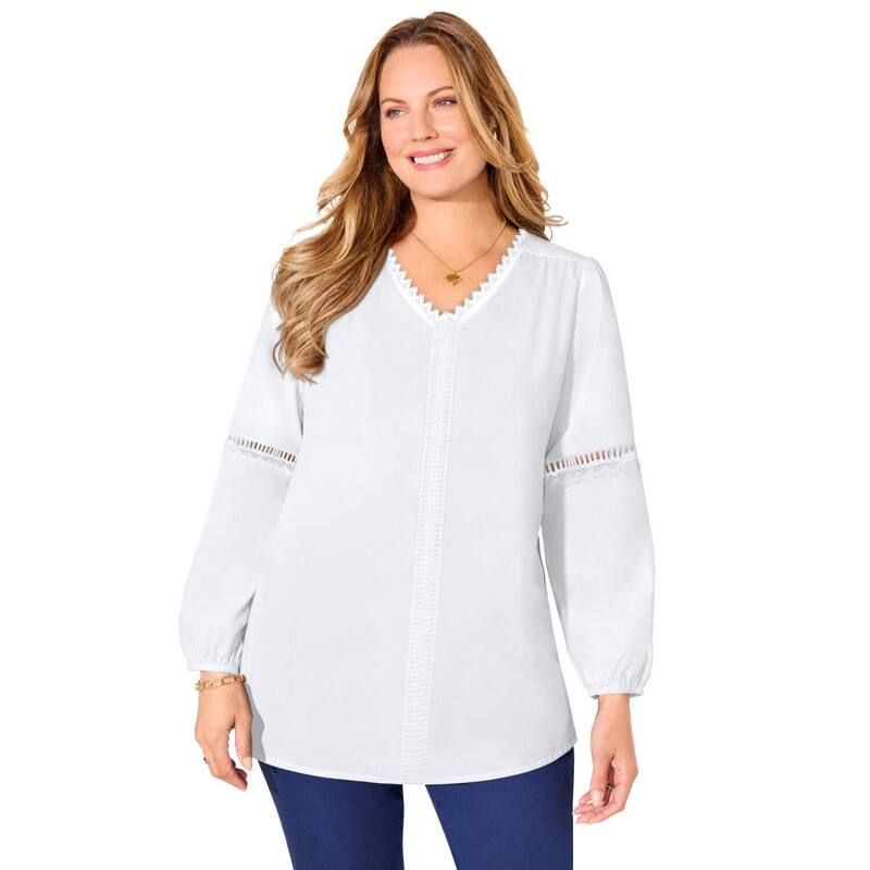 キャサリンズ レディース トップス シャツ プラスサイズ プチ ブラウス Catherines Womens Plusize Petite Lattice Trim Peasant Blouse Wh