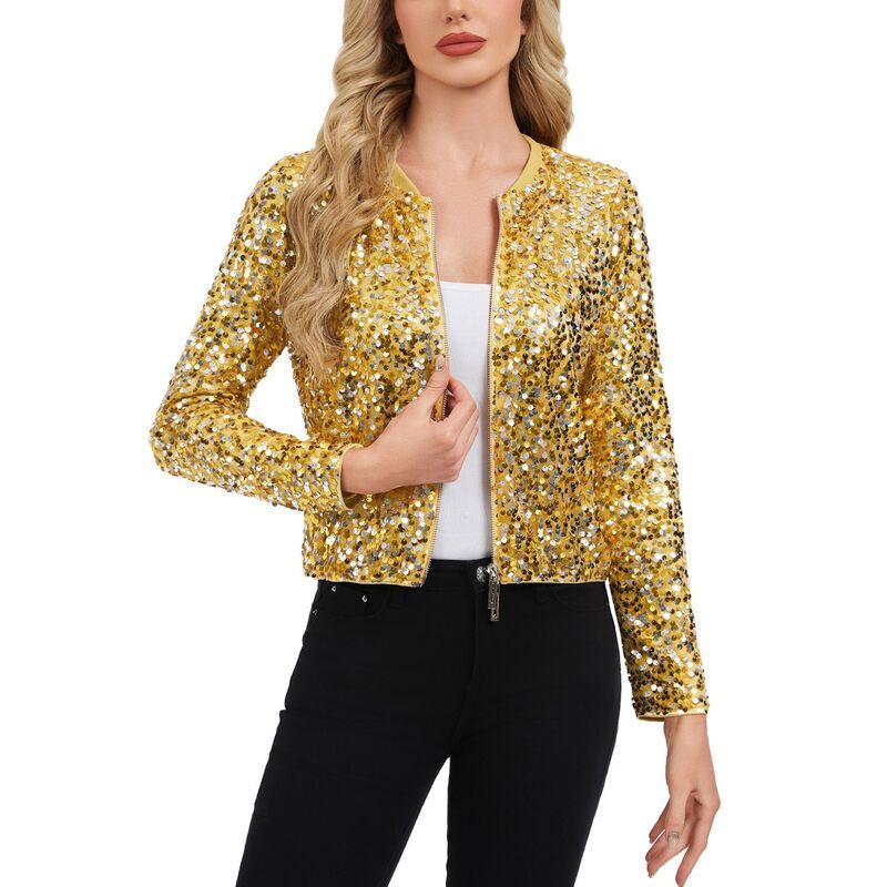 アンナカシ レディース アウター ジャケット・ブルゾン リブ スパンコール AnnaKaci Womensequin Bomber Jacket with Zipper Front and Ribbe