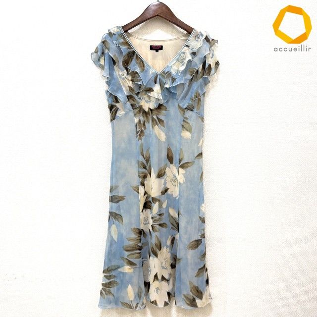 #snc ユキトリイ YUKITORII ワンピース 40 水色 ベージュ カーキ系 花柄 ノースリーブ フリル サイドジップ レディース [996737]