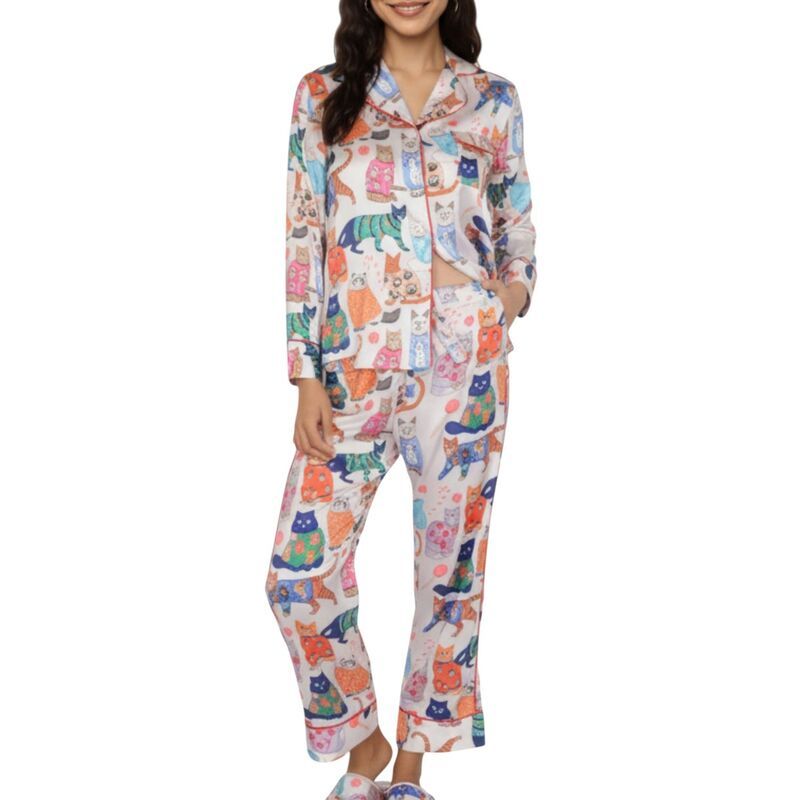 アンナカシ レディース アンダーウェア ナイトウェア プリント シルク AnnaKaci Womens 2Piece Set Long Sleeve Button Front Pajama Set w