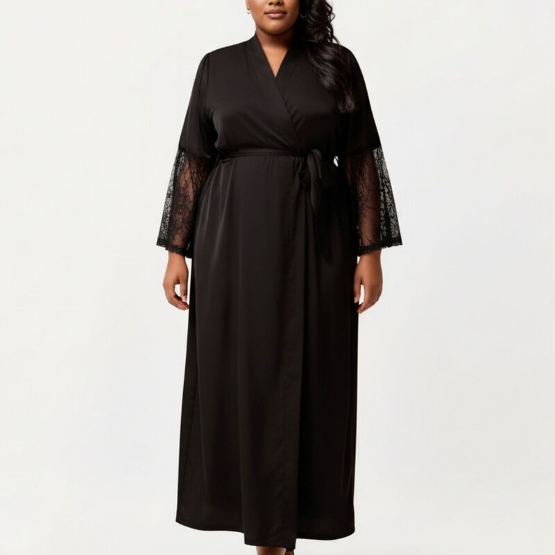 アンナカシ レディース アンダーウェア ナイトウェア プラスサイズ シアー サテン レース AnnaKaci Womens PLusize Long Satin Robe with Sheer Lac