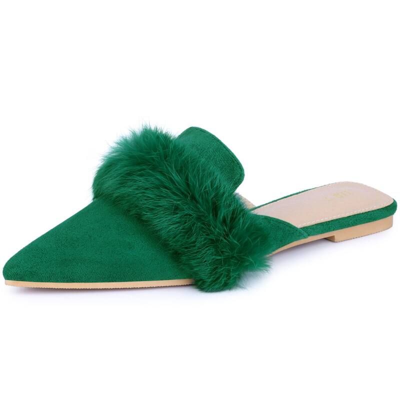 アレグラ ケー レディース シューズ サンダル ALLEGRA K Womens Pointed Toe Faux Fur Slip on Flat Slide Mules Green グリーン