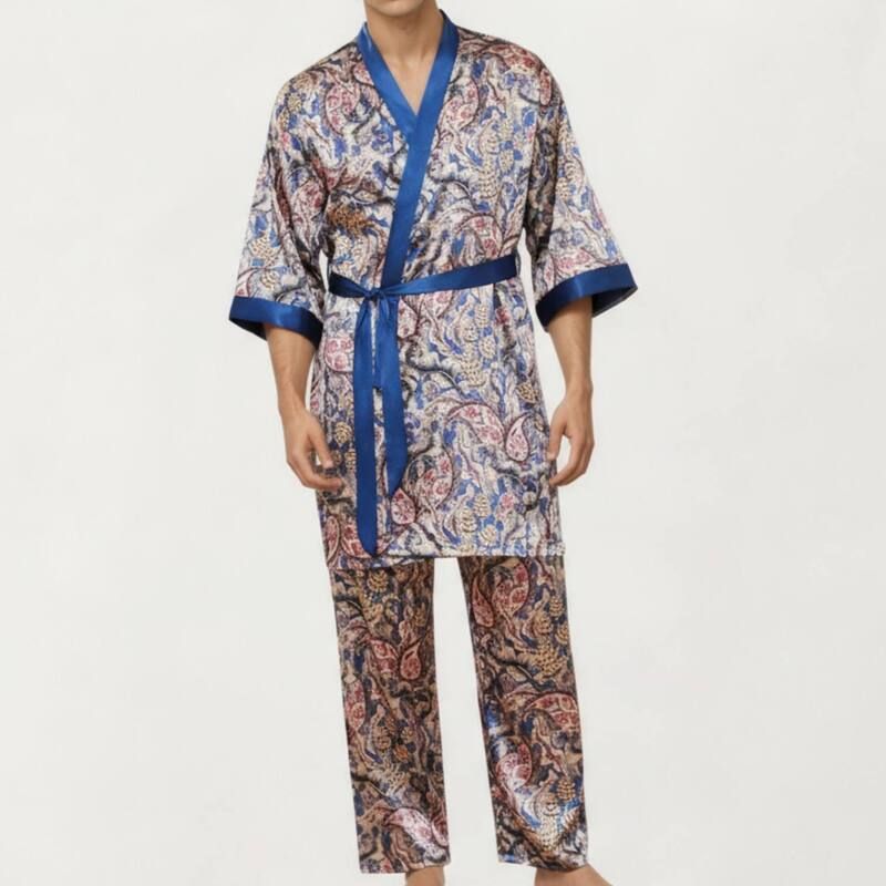 アンナカシ レディース アンダーウェア ナイトウェア プリント パンツ サテン コントラスト AnnaKaci Mens 2Piece Set Satin Robe and Pants with Pa