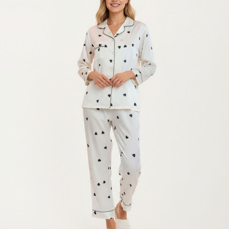 アンナカシ レディース アンダーウェア ナイトウェア プリント パンツ サテン コントラスト AnnaKaci Womens 2Piece Set Satin Heart Print Pajama T