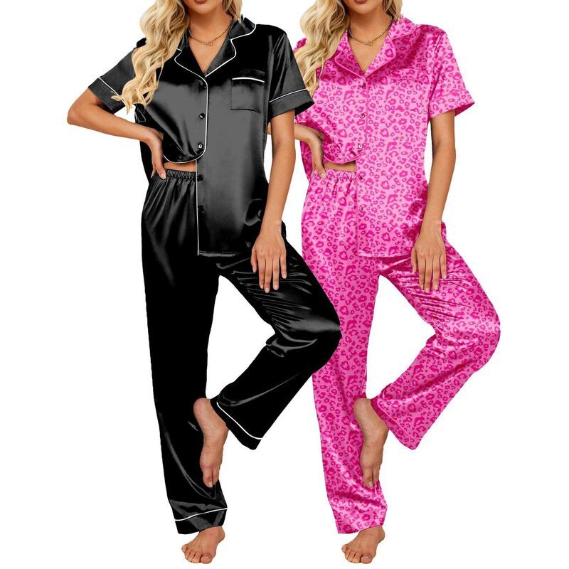 エコアー レディース アンダーウェア ナイトウェア ボタンダウン シルク ダウン Ekouaer 2 Pack Silk Pajamas for Women Short Sleeve Button D