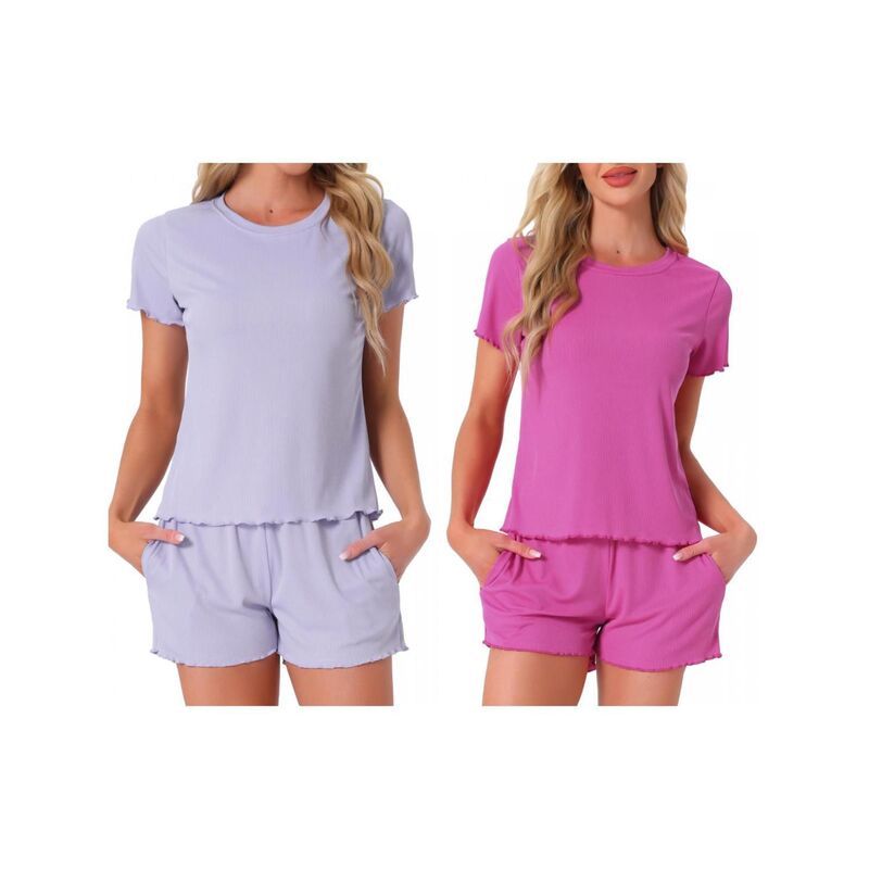 インスパイア シック レディース アンダーウェア ナイトウェア クルーネック フリル ショートパンツ INSPIRE CHIC 2 Sets Womens Pajama Set Soft Short