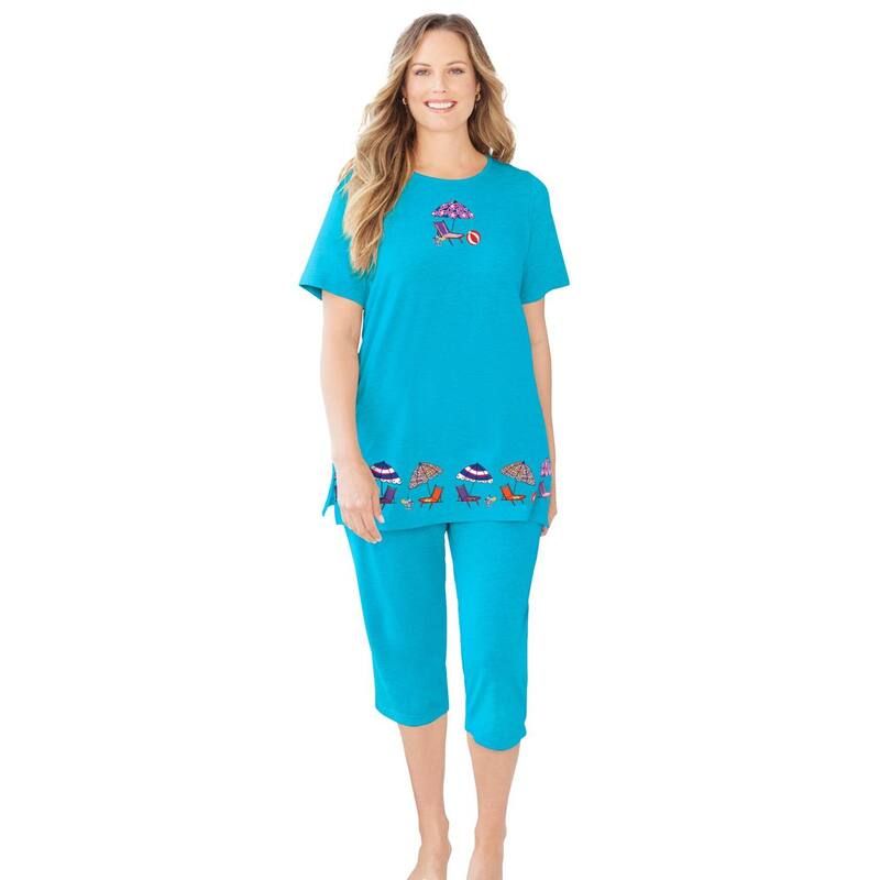 ドリームスアンドコー レディース アンダーウェア ナイトウェア プラスサイズ キャップ ニット Dreams Co Plusize Knit Capri Sleep Set Capri Blue Um