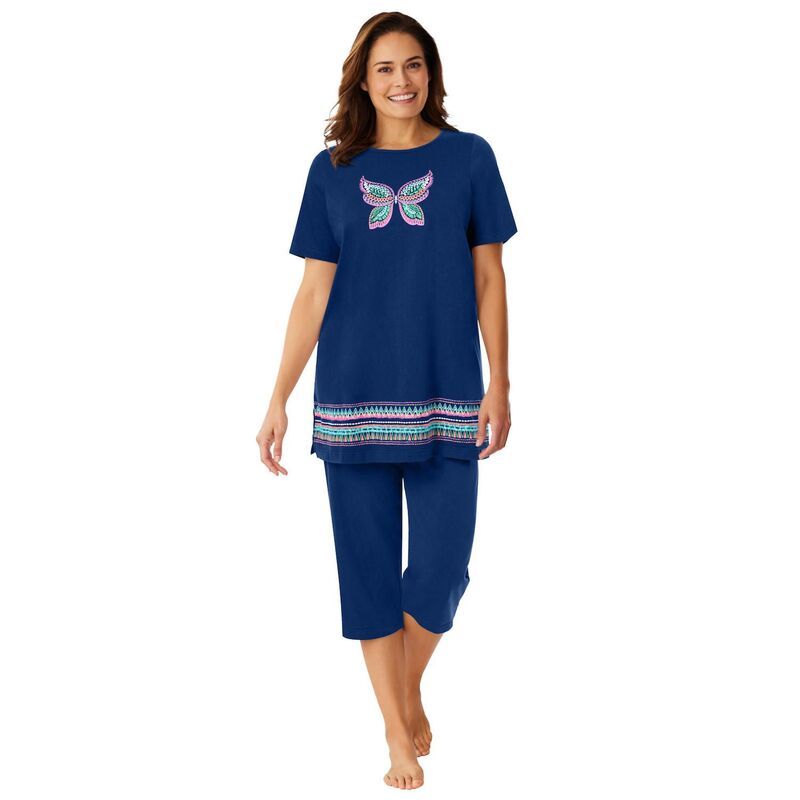 ドリームスアンドコー レディース アンダーウェア ナイトウェア プラスサイズ キャップ ニット Dreams Co Plusize Knit Capri Sleep Set Evening Blue