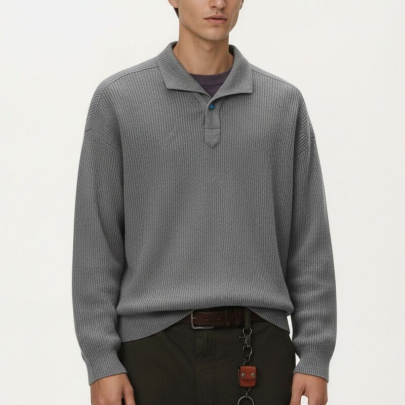 アンナカシ レディース アウター ニット・セーター リラックスフィット ポロシャツ リブ AnnaKaci Mens Ribbed Long Sleeve Polo Sweater with Rela