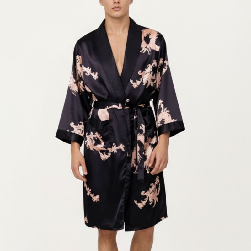 アンナカシ レディース アンダーウェア ナイトウェア プリント サテン AnnaKaci Mensatin Robe with Baroque Print Shawl Collar and Waist