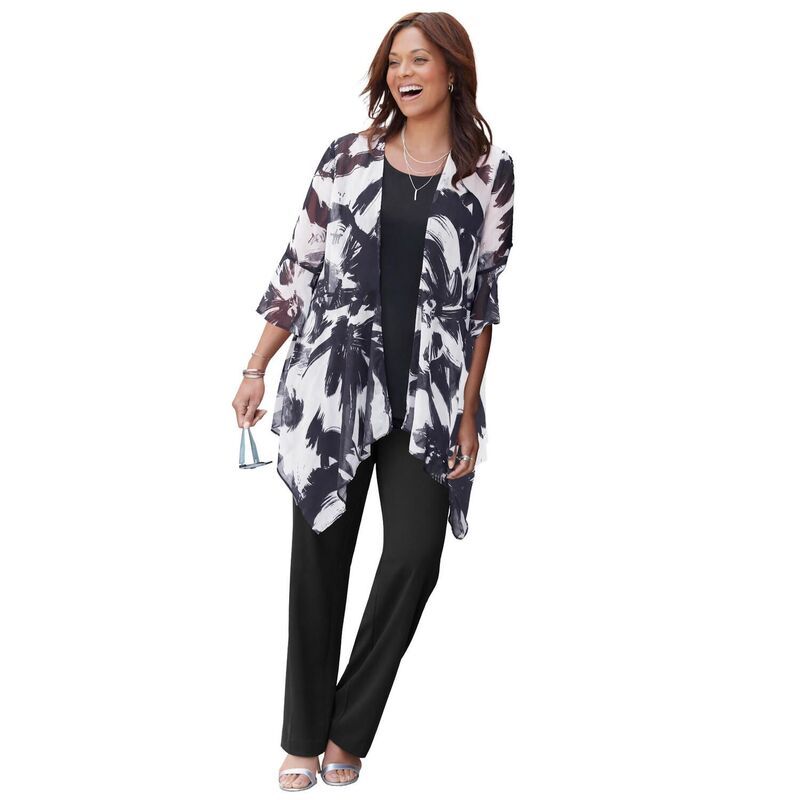 キャサリンズ レディース アウター ニット・セーター プラスサイズ Catherines Womens Plusize Seasonless Cascade wrap Black Painted Fl