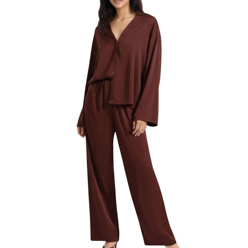 アンナカシ レディース アンダーウェア ナイトウェア パンツ サテン ダウン AnnaKaci Womens 2Piece Satin Pajama Set with ButtonDown Long